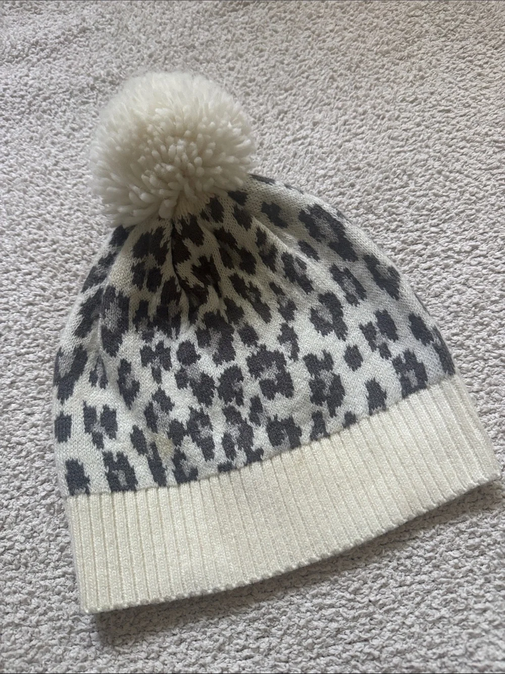 Kids Cream & Gray Leopard Pom Beanie